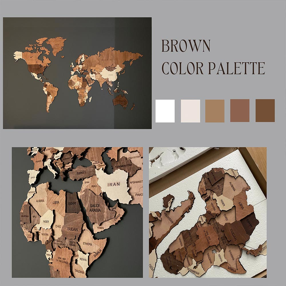 Wooden world map with brown color palette