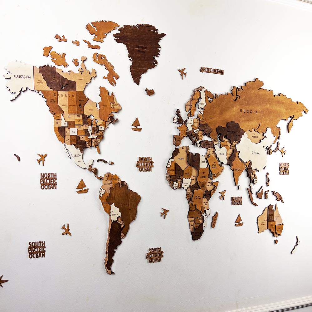 mapfox 3d Wooden world map on a white wall