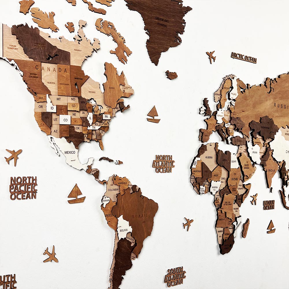 Mapofx 3d Wooden world map with labeled continents on a white background