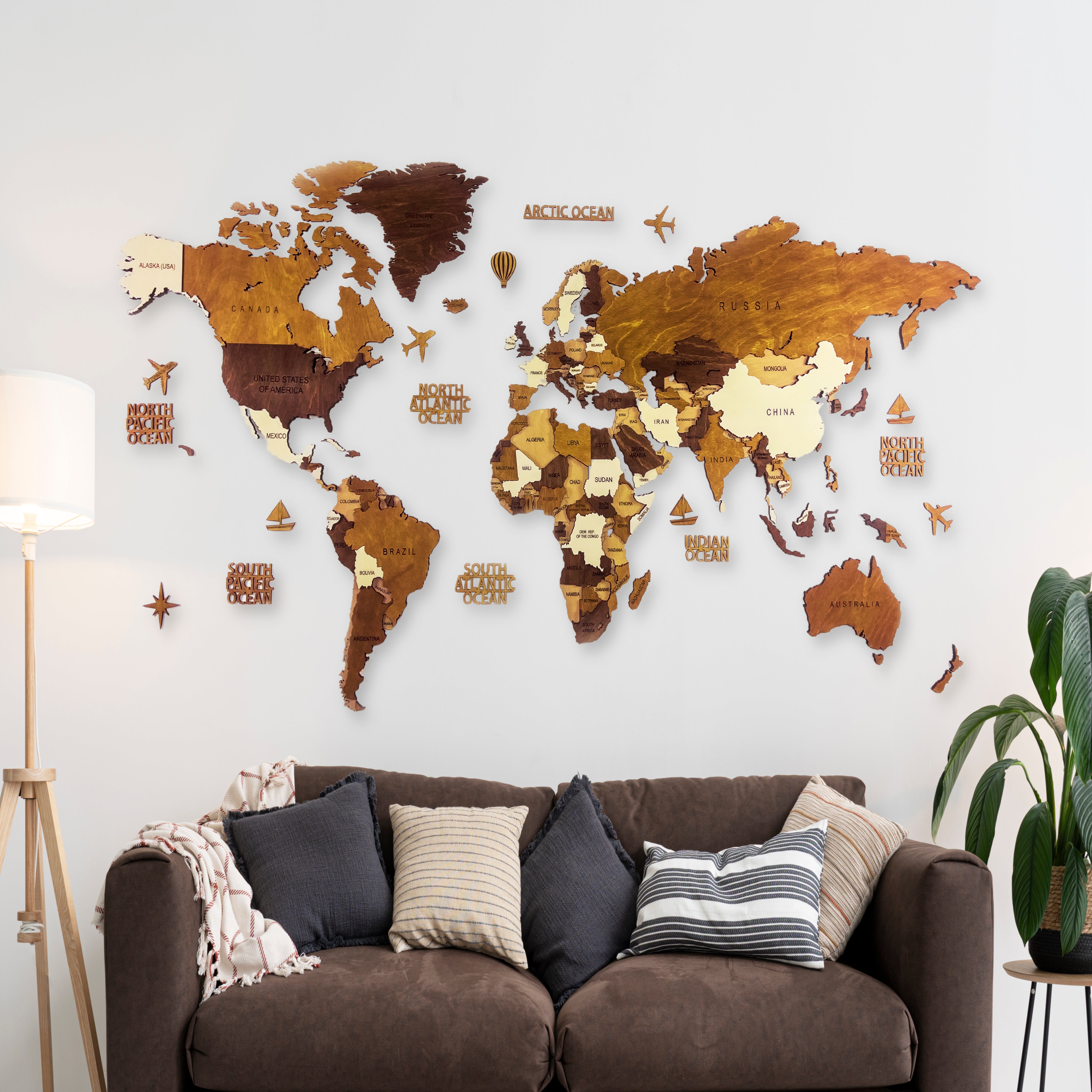 3D wooden world map on white wall - brown color