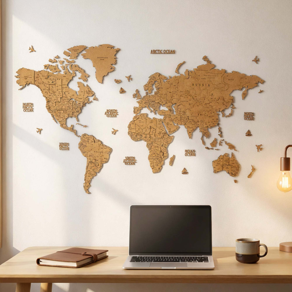 Large 3D cork world map 190x95 cm with 40 colorful push pins on a living room wall