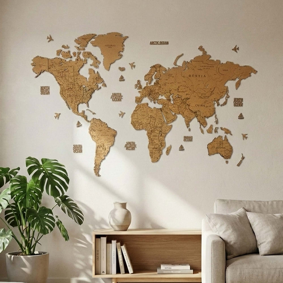 Large 3D cork world map 190x95 cm with 40 colorful push pins on a living room wall