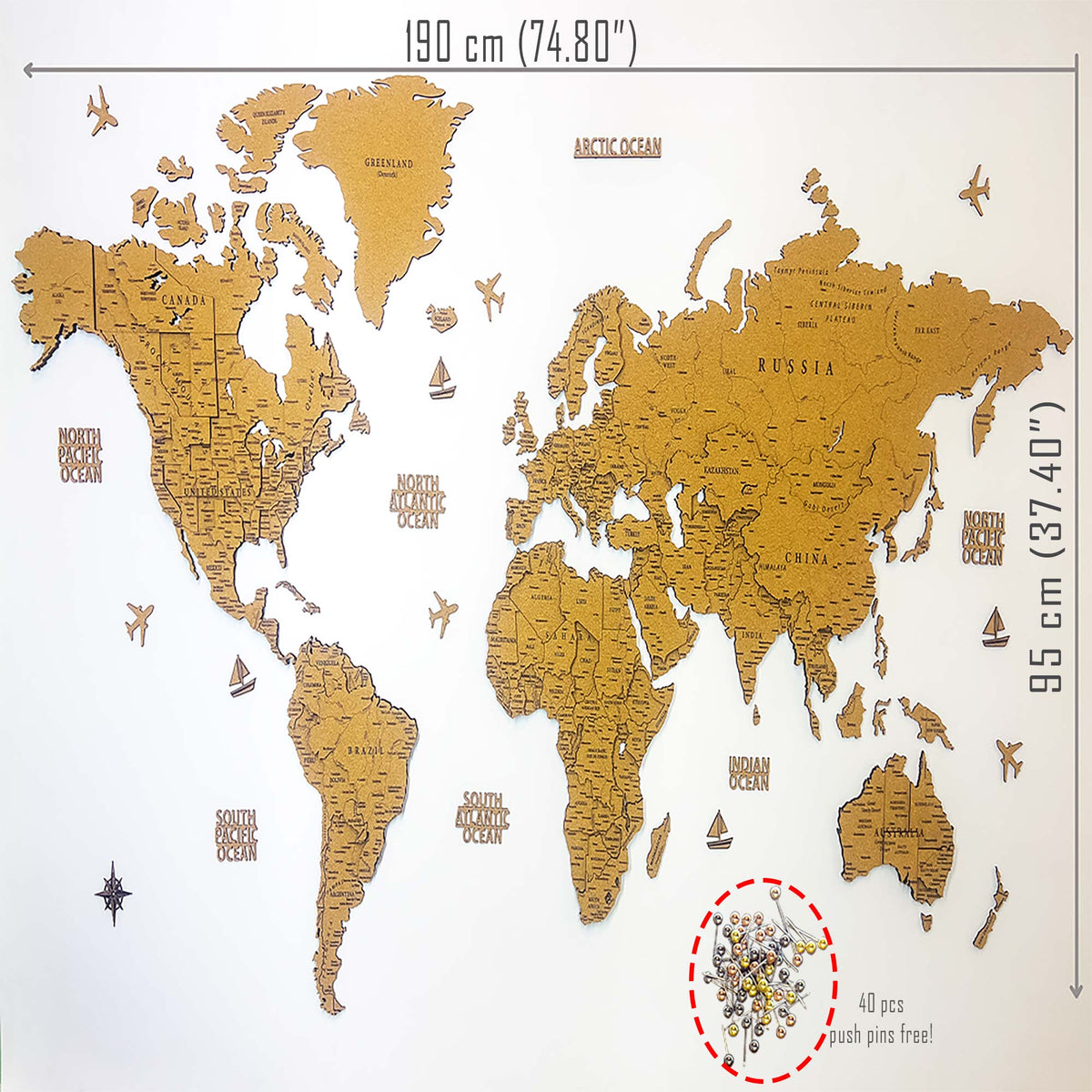 Large 3D cork world map 190x95 cm with 40 colorful push pins on a living room wall