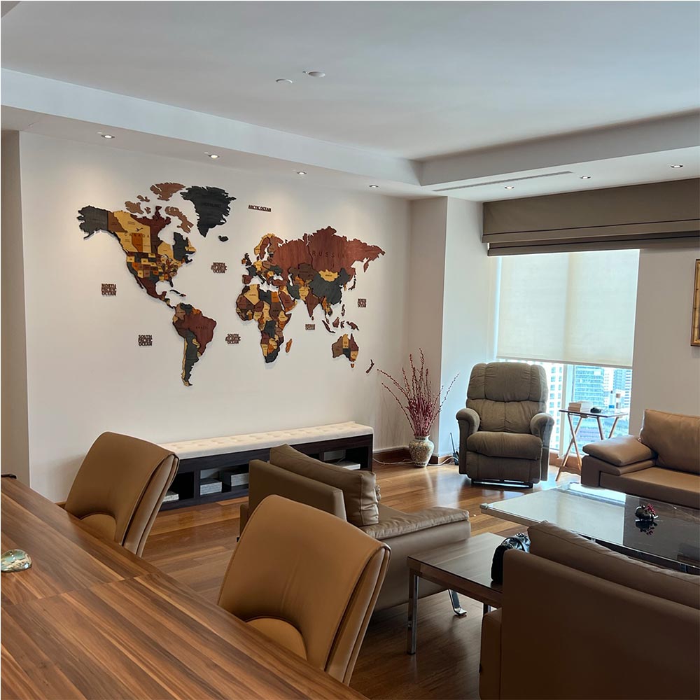 Living room with world map on the wall