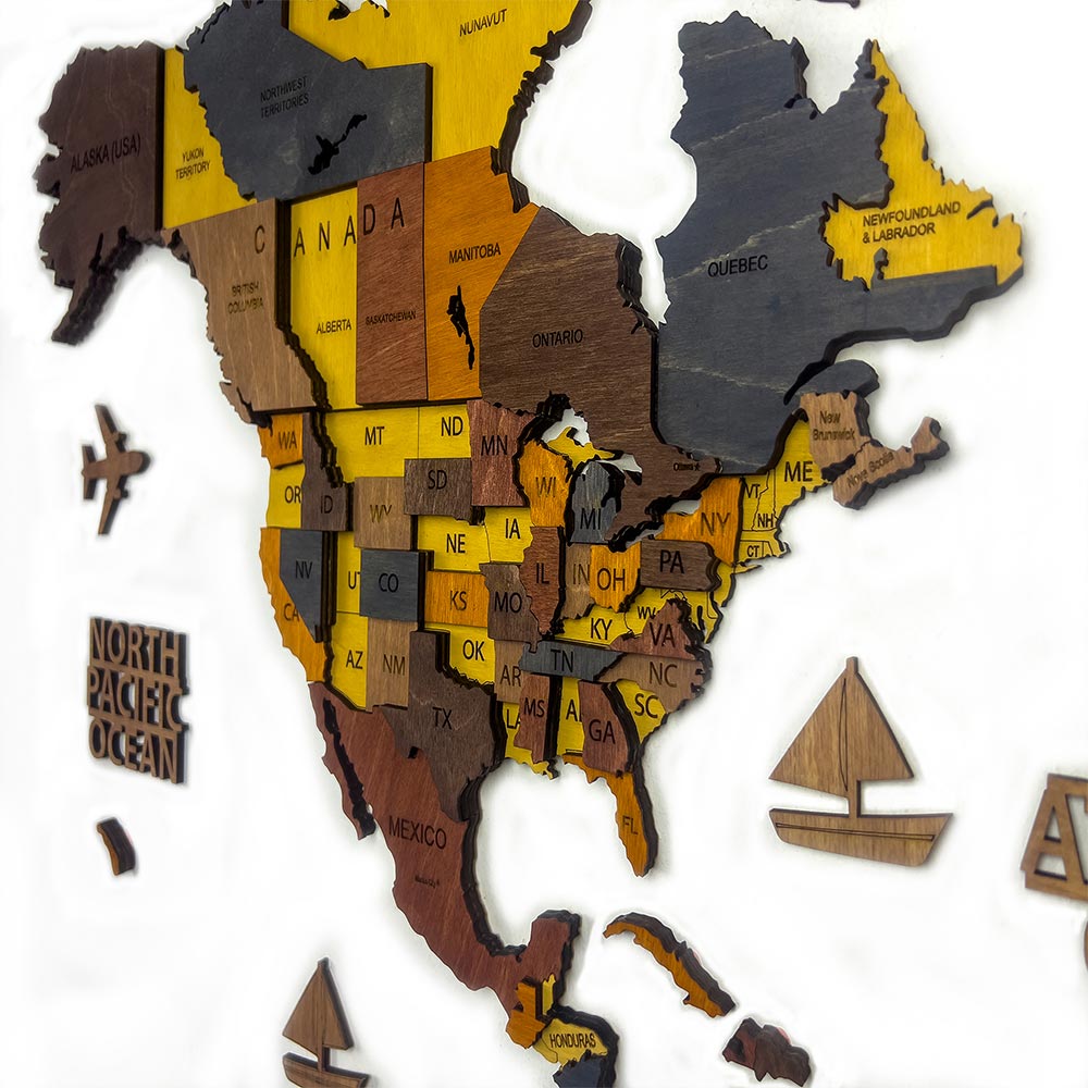 Wooden map of North America with various states highlighted.