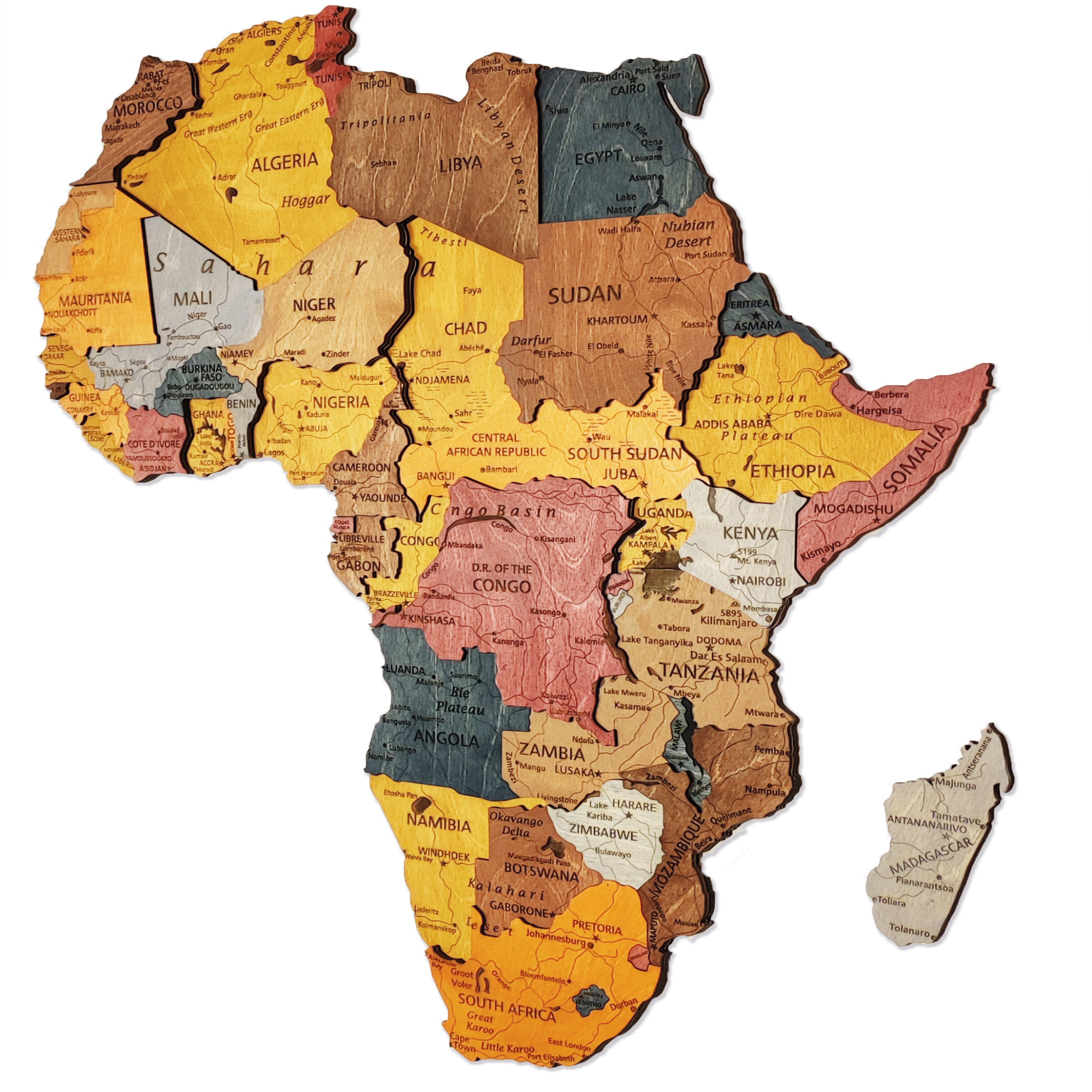 Wooden puzzle map of Africa with each country labeled.