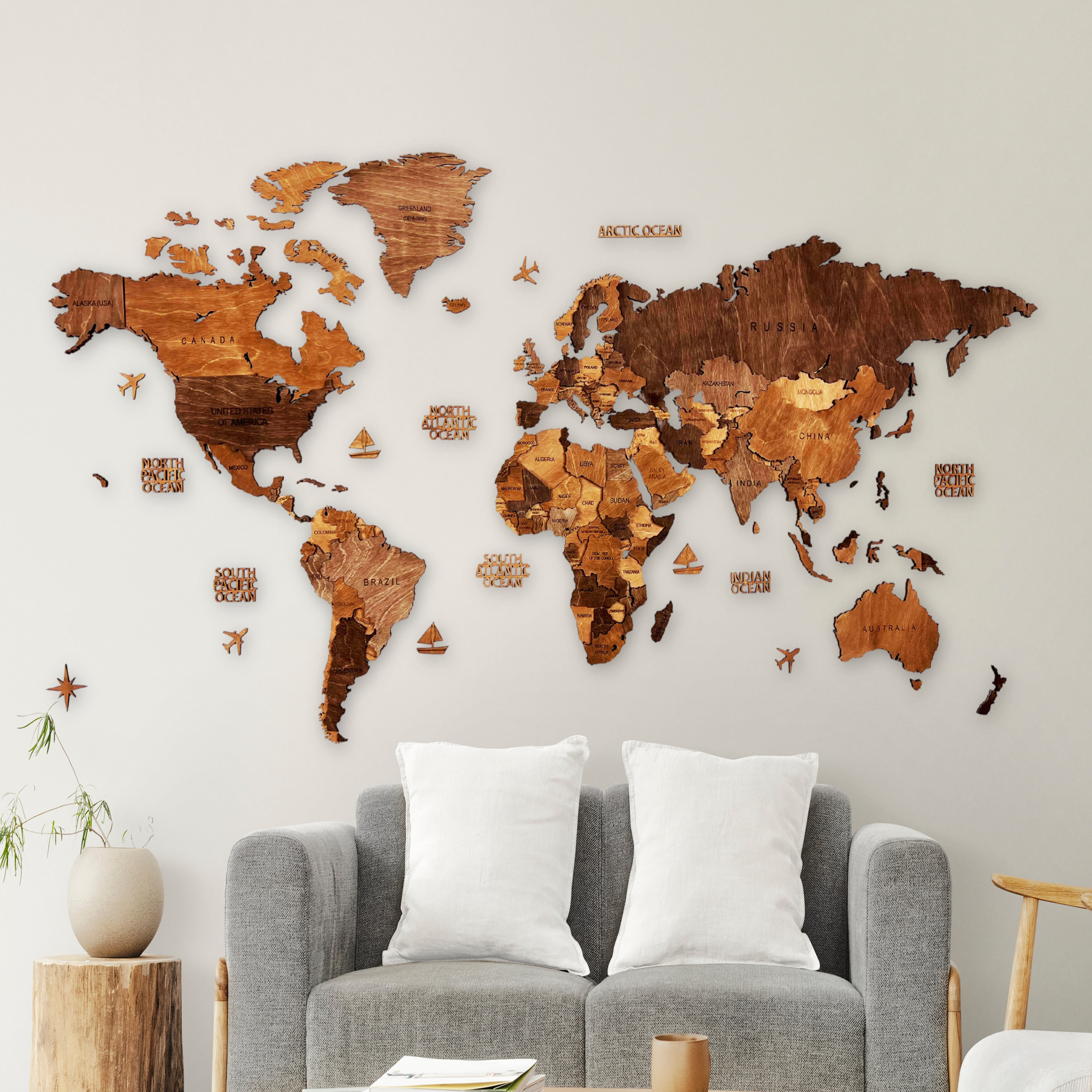 large wooden map decor in modern ofice
