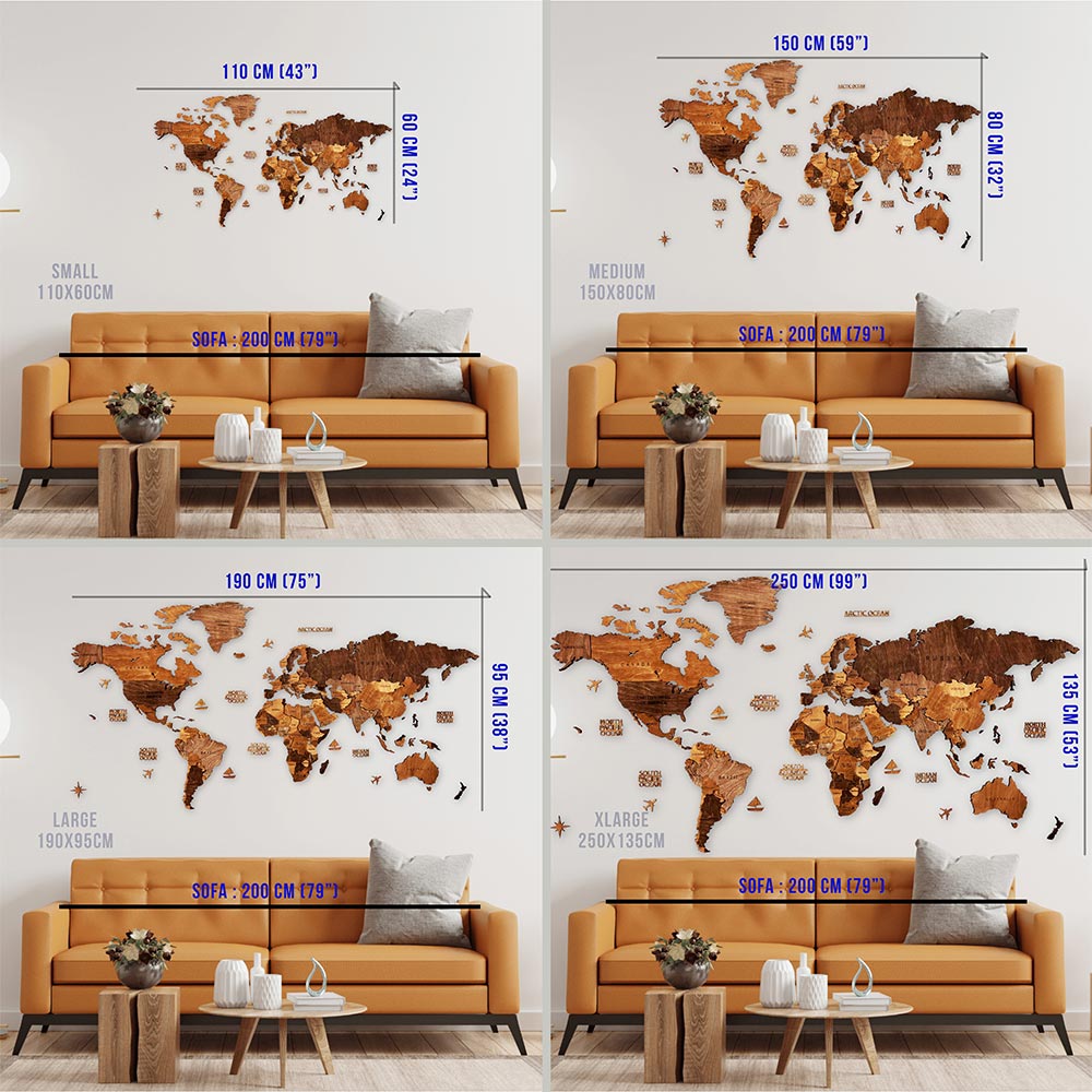 World map wall art displayed in different sizes above a sofa.