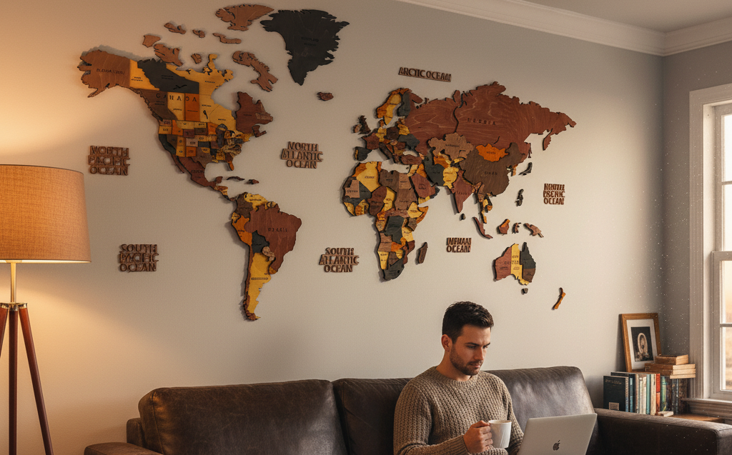 wooden world map for homce decor