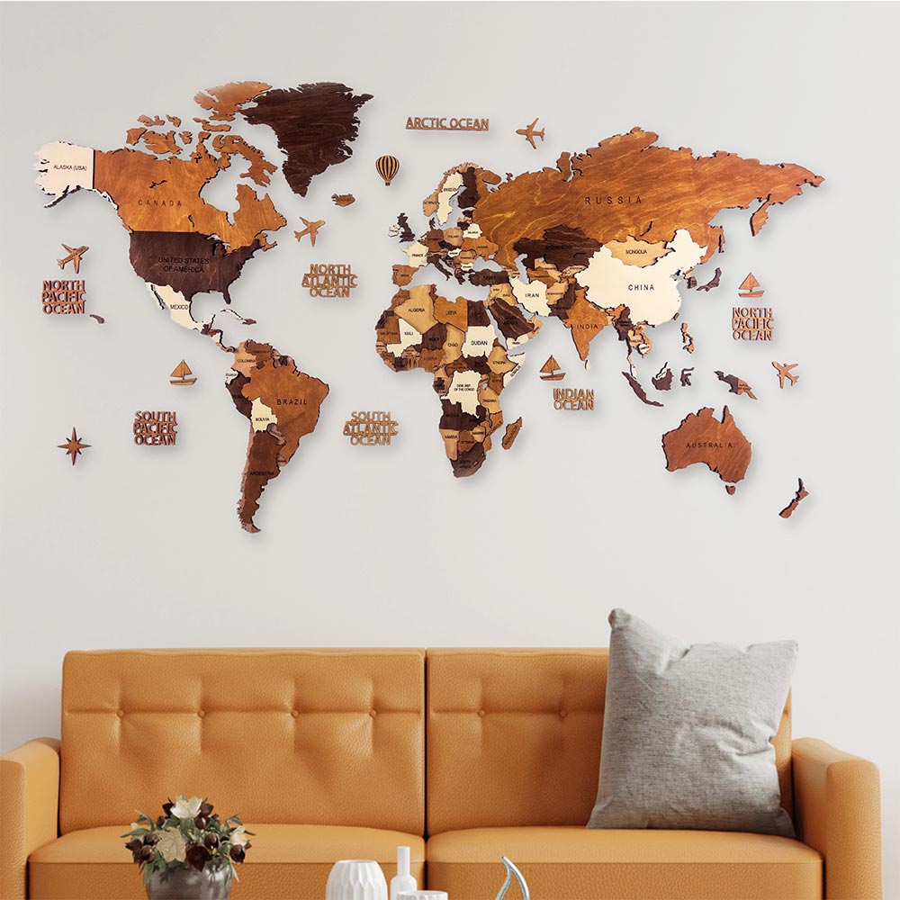 mapofx Wooden world map on a wall