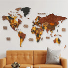 Wooden world map wall decoration in a living room with a brown sofa.