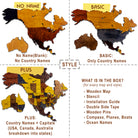 A product comparison graphic for a wooden map of North America showing three style options: 'NO NAME' (blank), 'BASIC' (country names only), and 'PLUS' (country names, capitals, and extra accessories). The map pieces are made of different wood tones, and the image includes text describing the contents of the box.