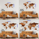 A four-panel size comparison graphic showing a wooden world map wall art piece mounted above an orange sofa in a living room. The panels label the product sizes as Small 110x60cm, Medium 150x80cm, Large 190x95cm, and XLARGE 250x135cm, with blue dimension lines and text indicating measurements.