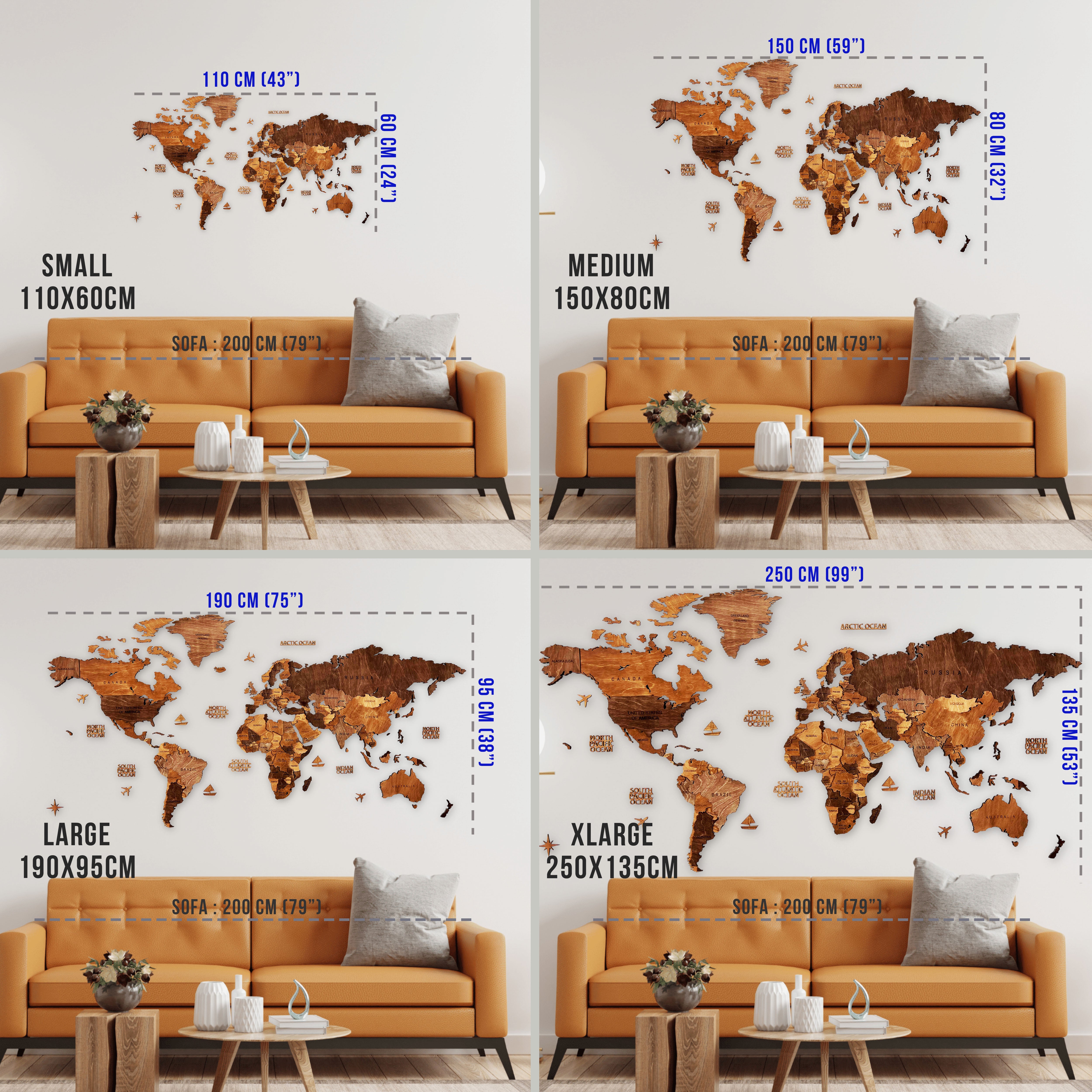 A four-panel size comparison graphic showing a wooden world map wall art piece mounted above an orange sofa in a living room. The panels label the product sizes as Small 110x60cm, Medium 150x80cm, Large 190x95cm, and XLARGE 250x135cm, with blue dimension lines and text indicating measurements.