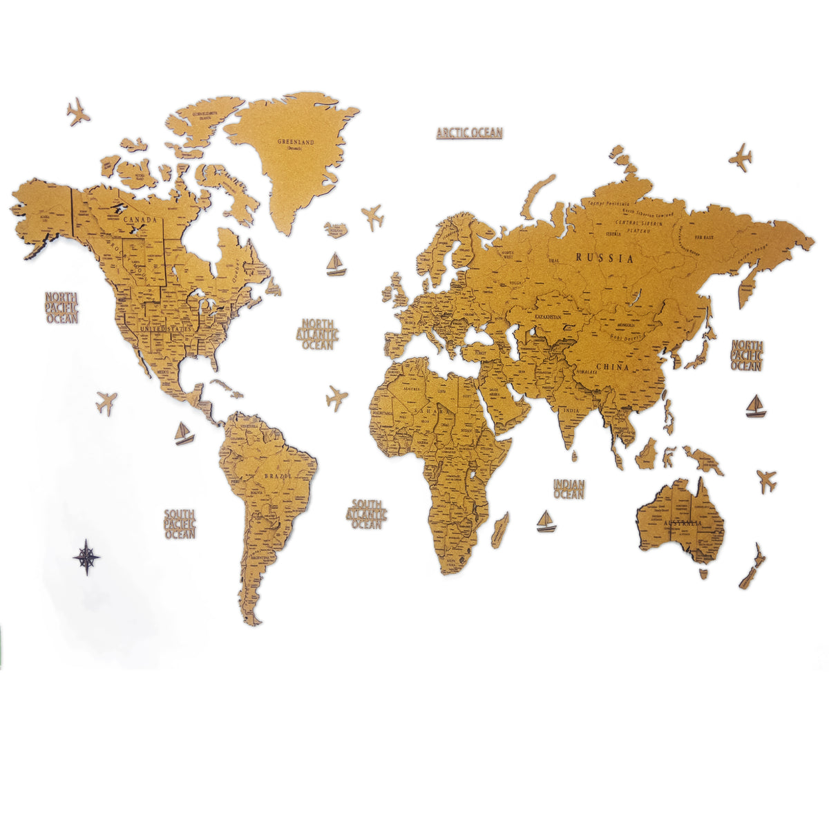 Large 3D cork world map 190x95 cm with 40 colorful push pins on a white wall