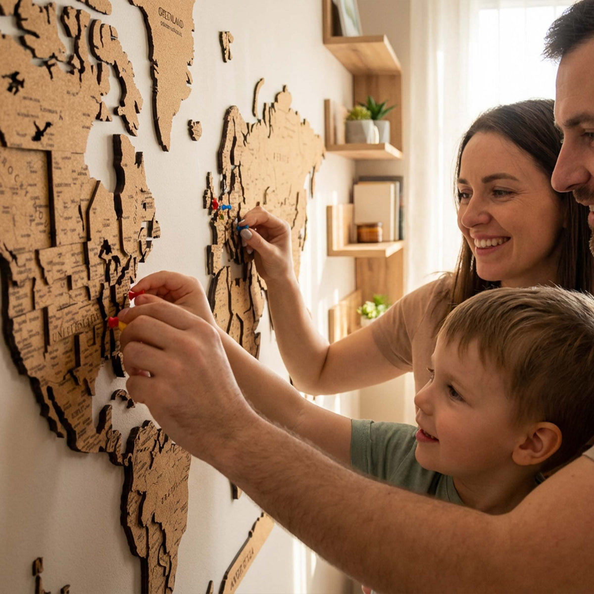 Layered laser-cut cork world map with dark brown edges and labeled continents