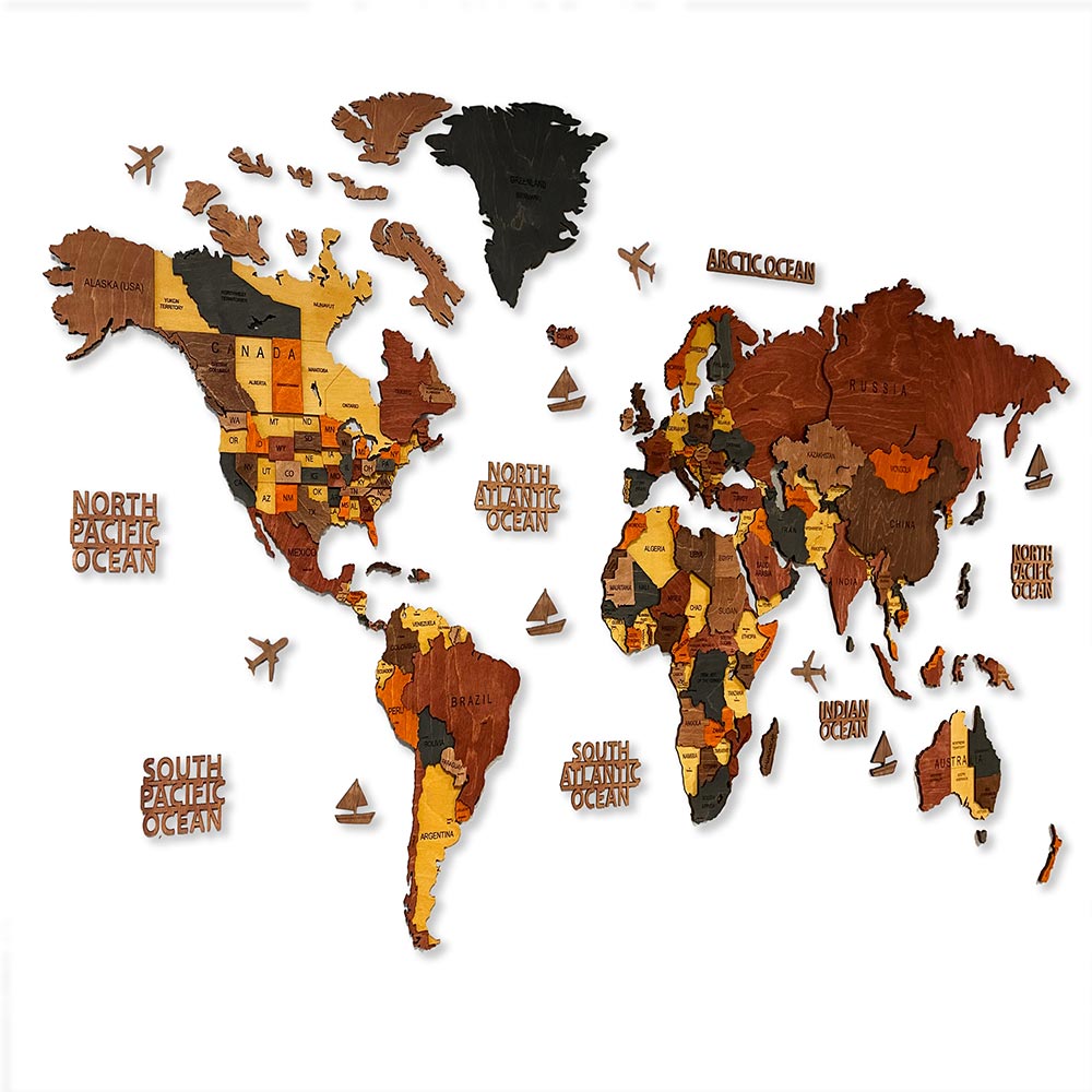 Wooden world map colored on a white background