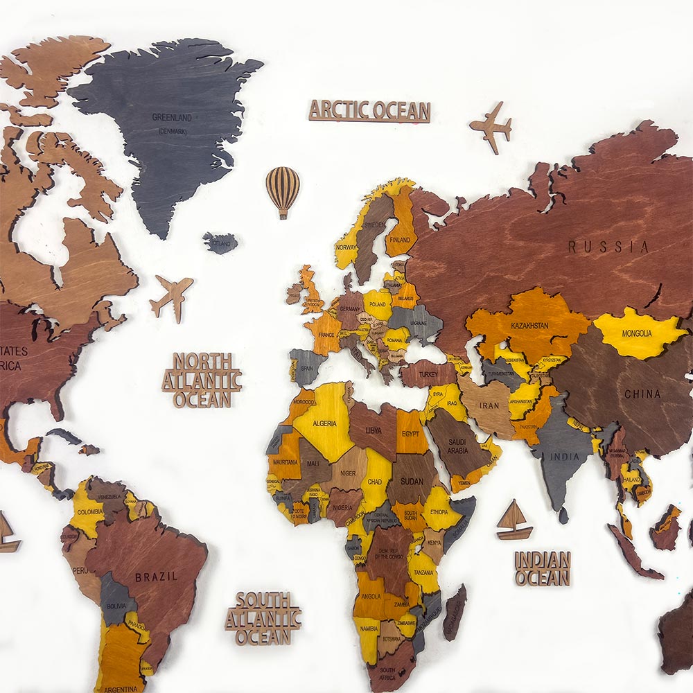 Wooden world map with labeled continents and oceans on a white background