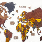 Wooden world map with labeled continents and oceans on a white background