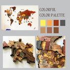 World map with colorful color palette and wooden map pieces on a gray background