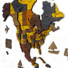 Wooden map of North America with various states highlighted.